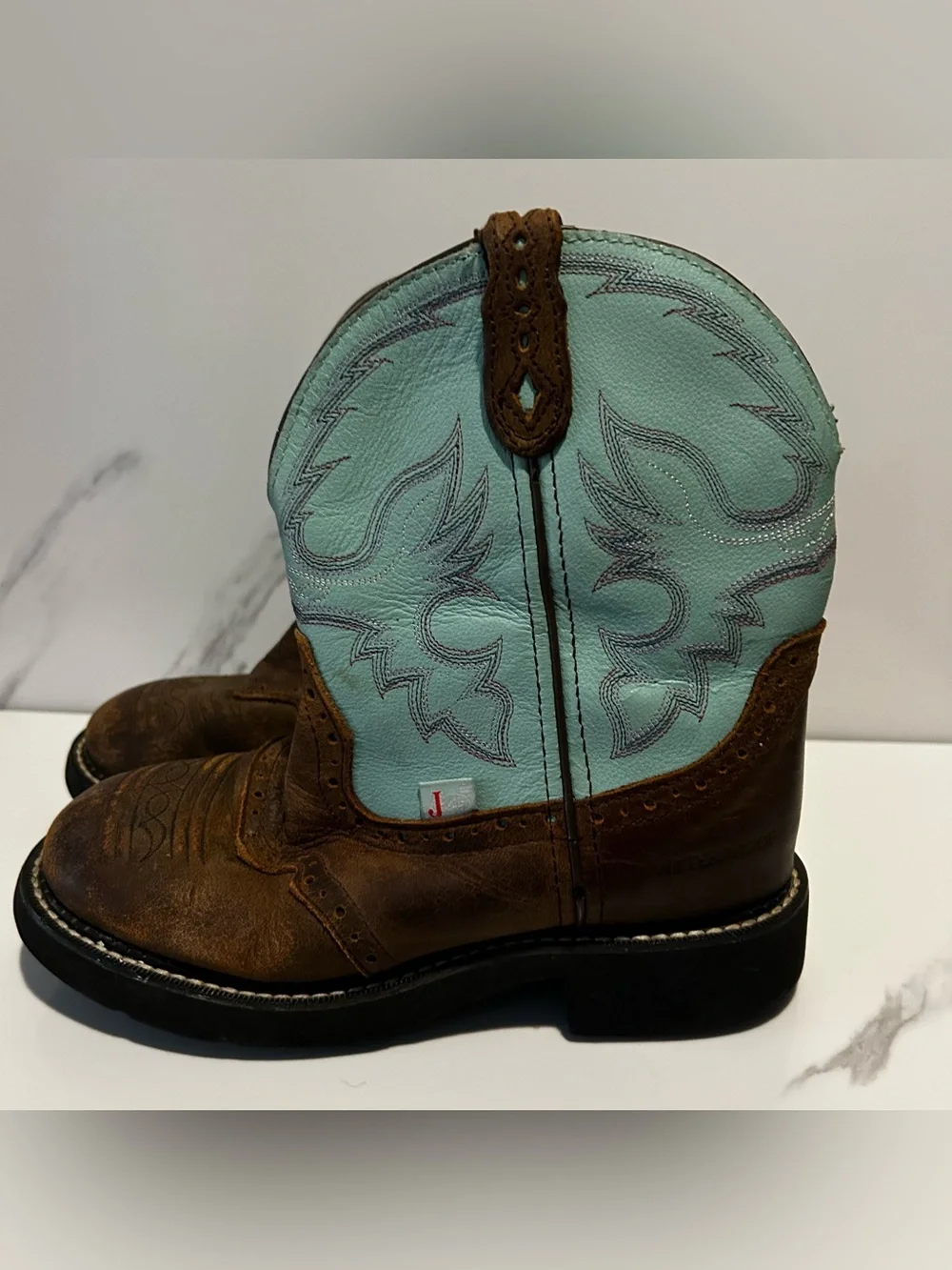 Kids Brown Leather Western Boots with Turquoise Shaft